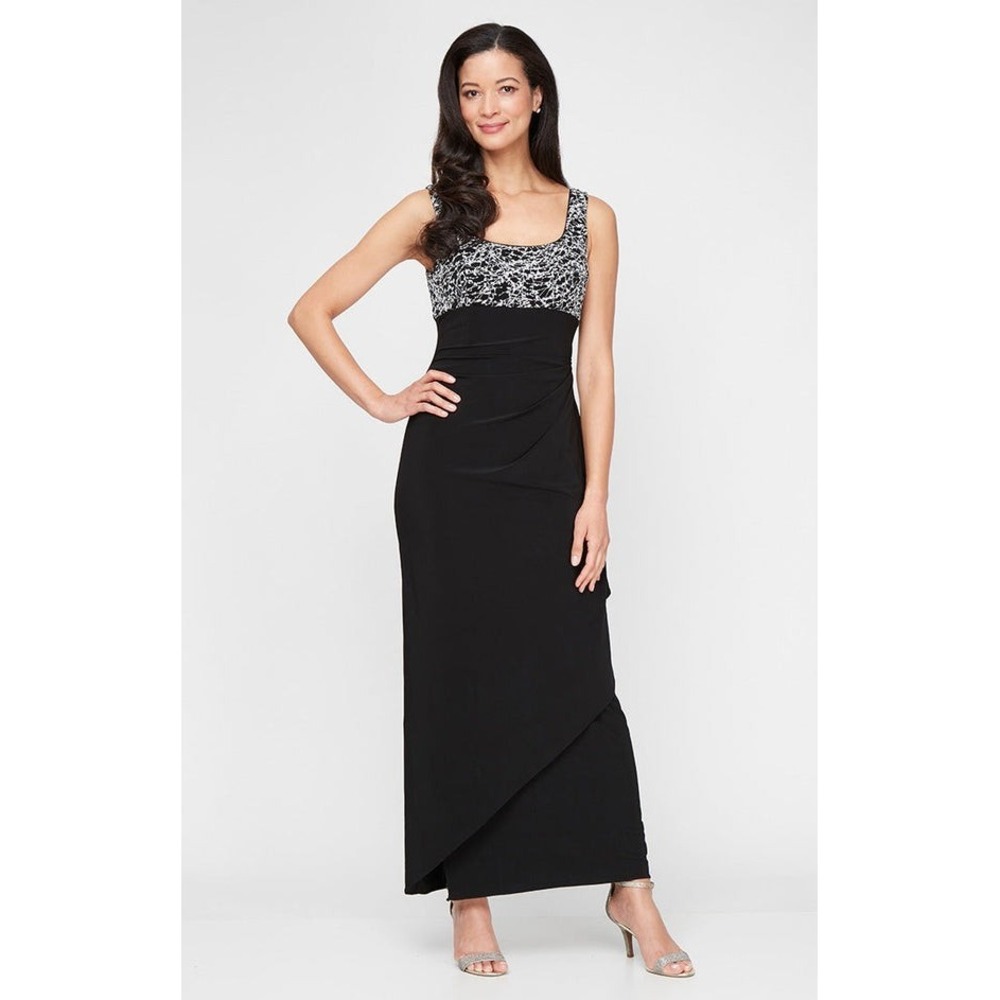 Alex Evenings Black White Formal Dressy Wedding Guest Empire Maxi Dress Sz 18